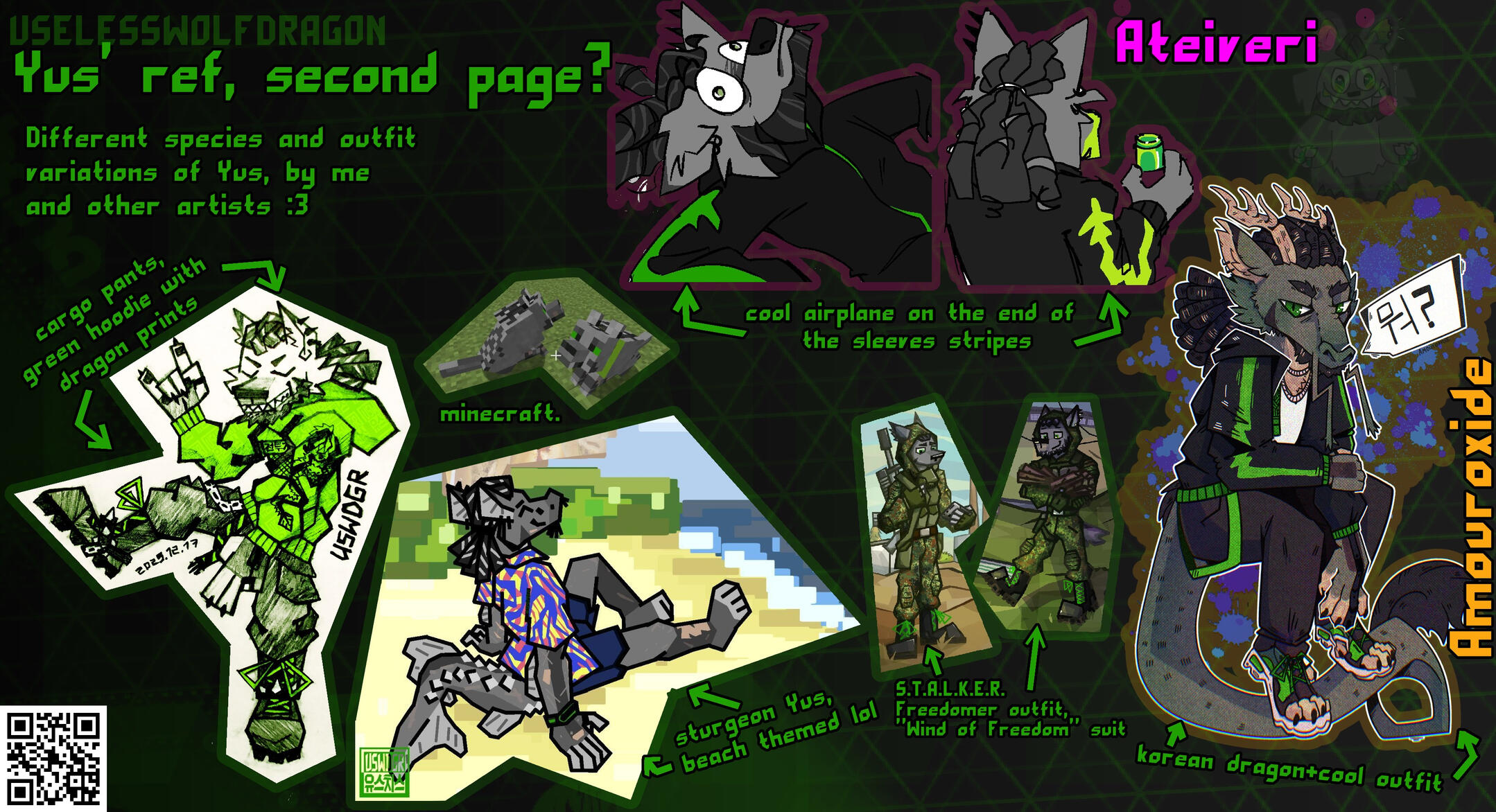 Second page of eference sheet of Yus (my main sona), which demonstrates other forms and outfits
